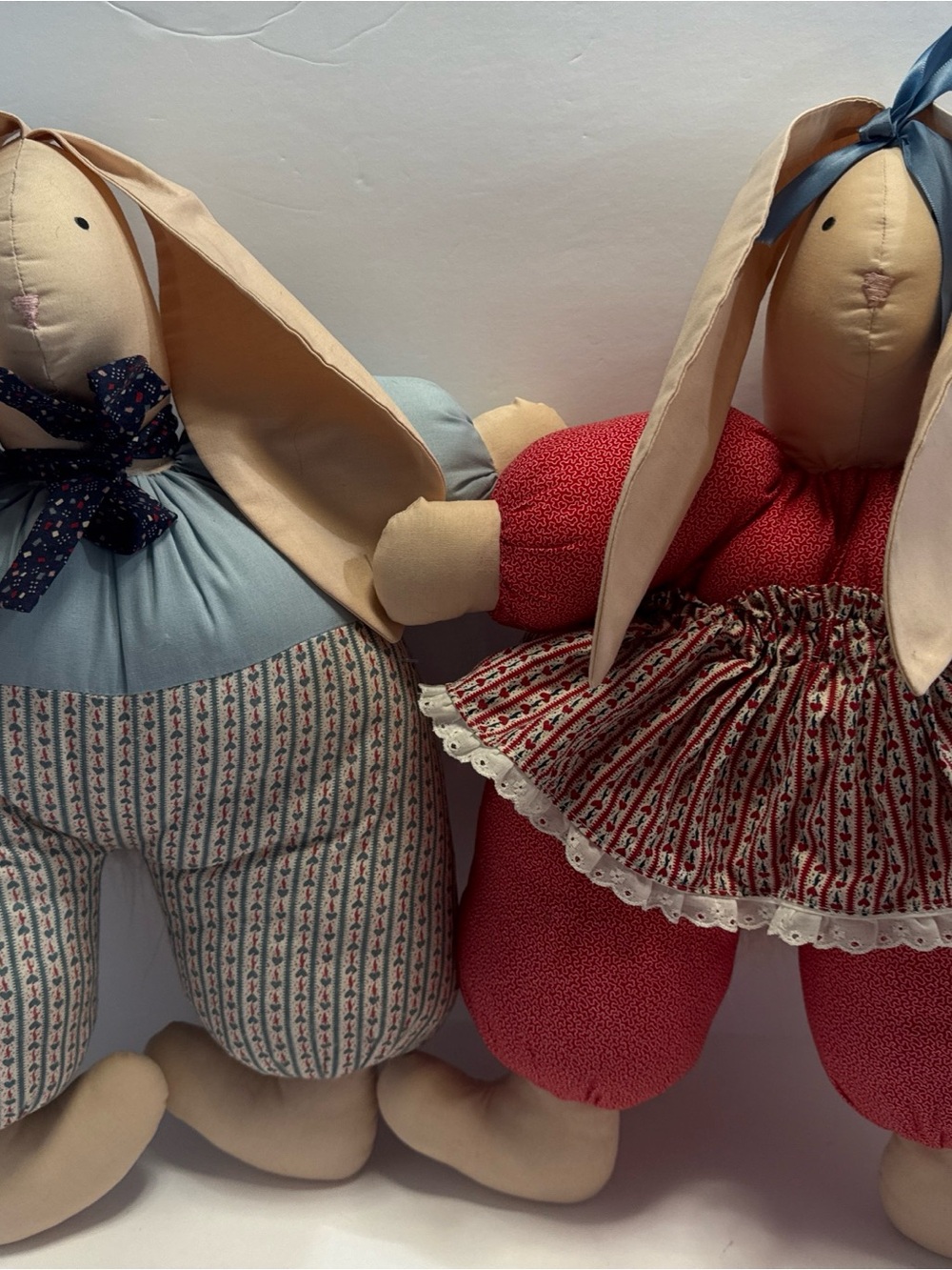 17.5” Set of Hand Crafted Blue & Red Fabric Bunny Pair